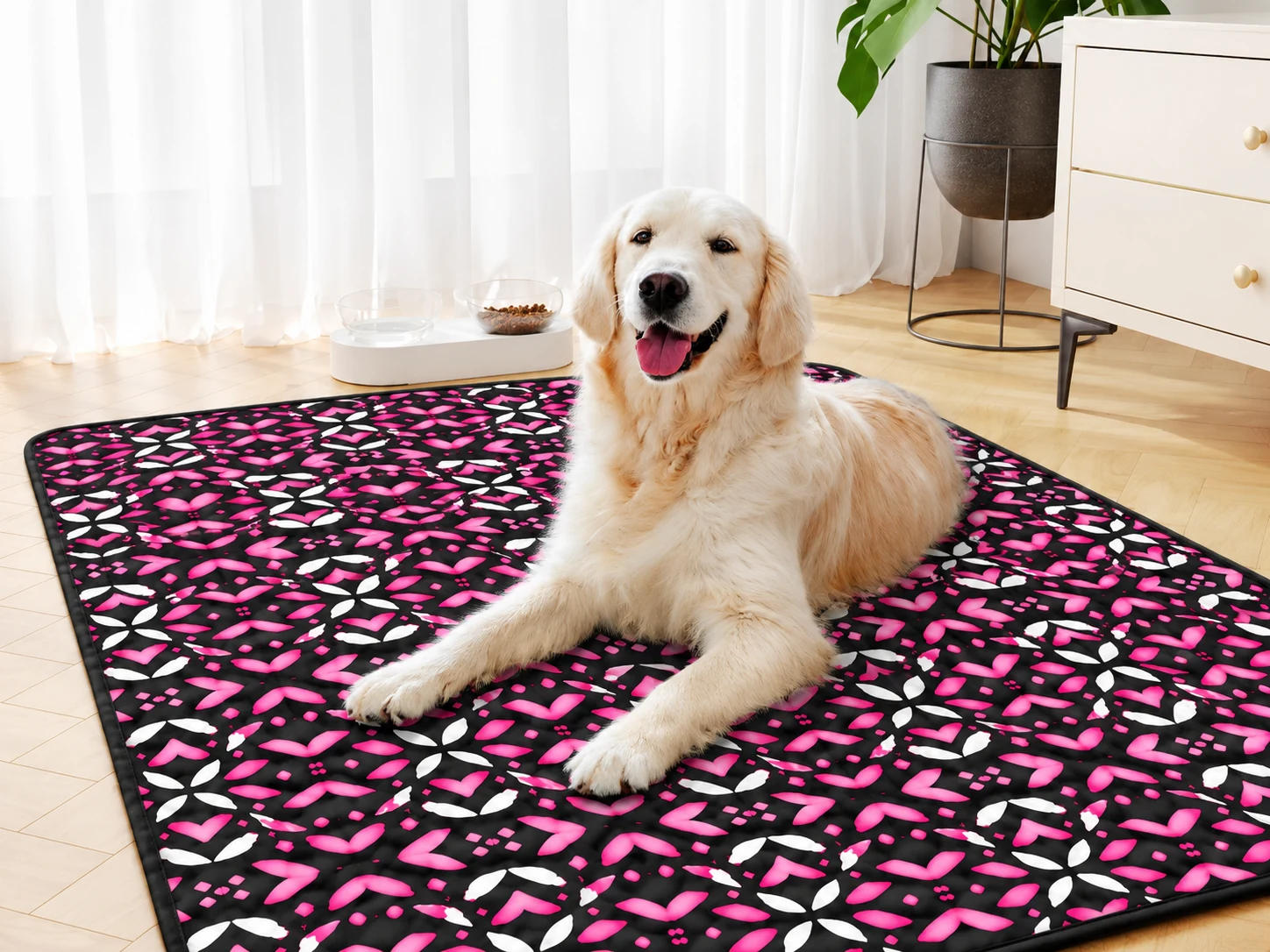 Fluffy golden retriever relaxing on the NESTORANA Pink Feather washable reusable dog pee pad