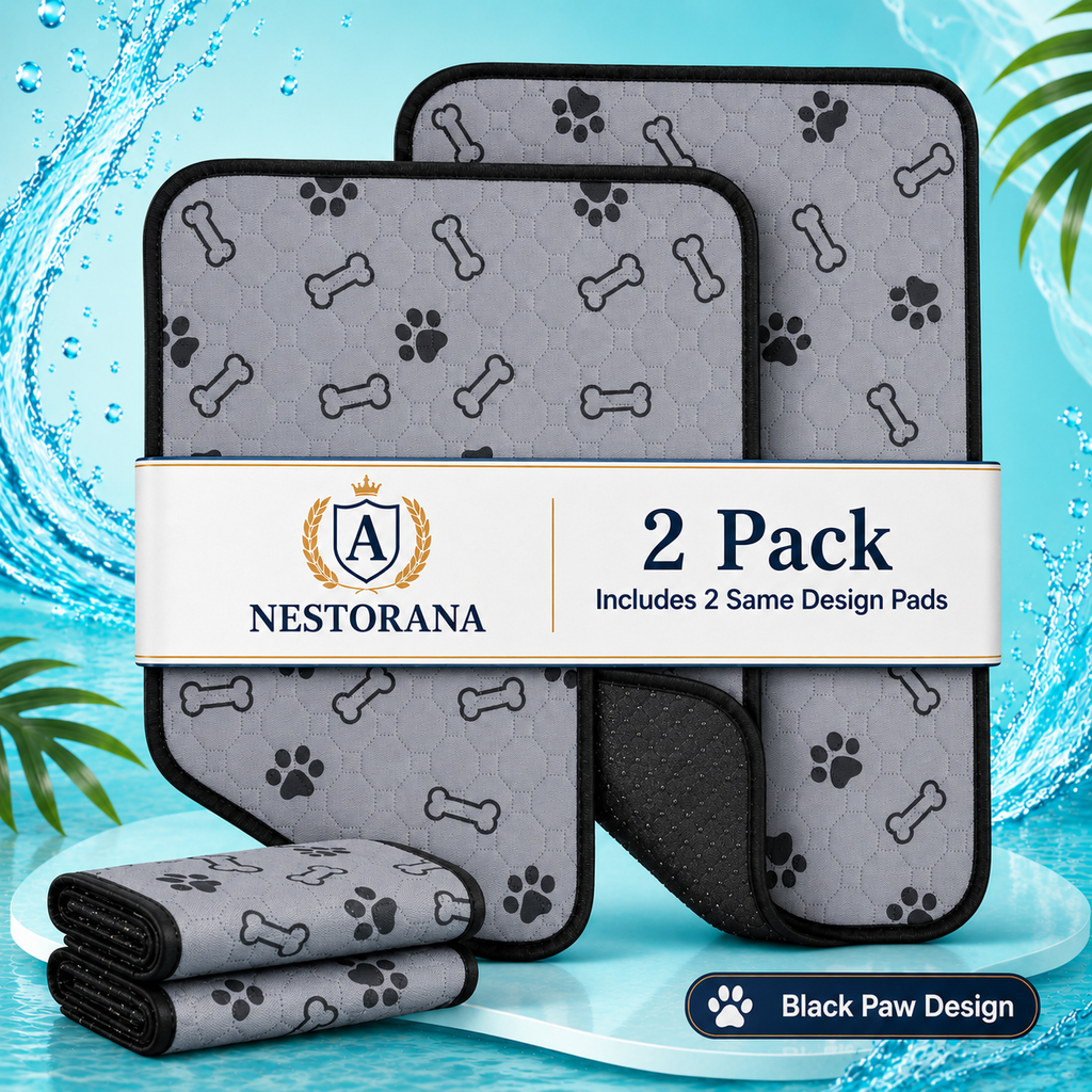 NESTORANA Washable Reusable Dog Pee Pads – 2 Pack, 24 × 36 Inches (Black Paws)