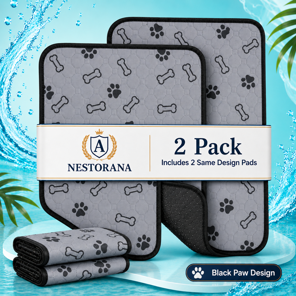 NESTORANA Washable Reusable Dog Pee Pads – 2 Pack, 24 × 36 Inches (Black Paws)