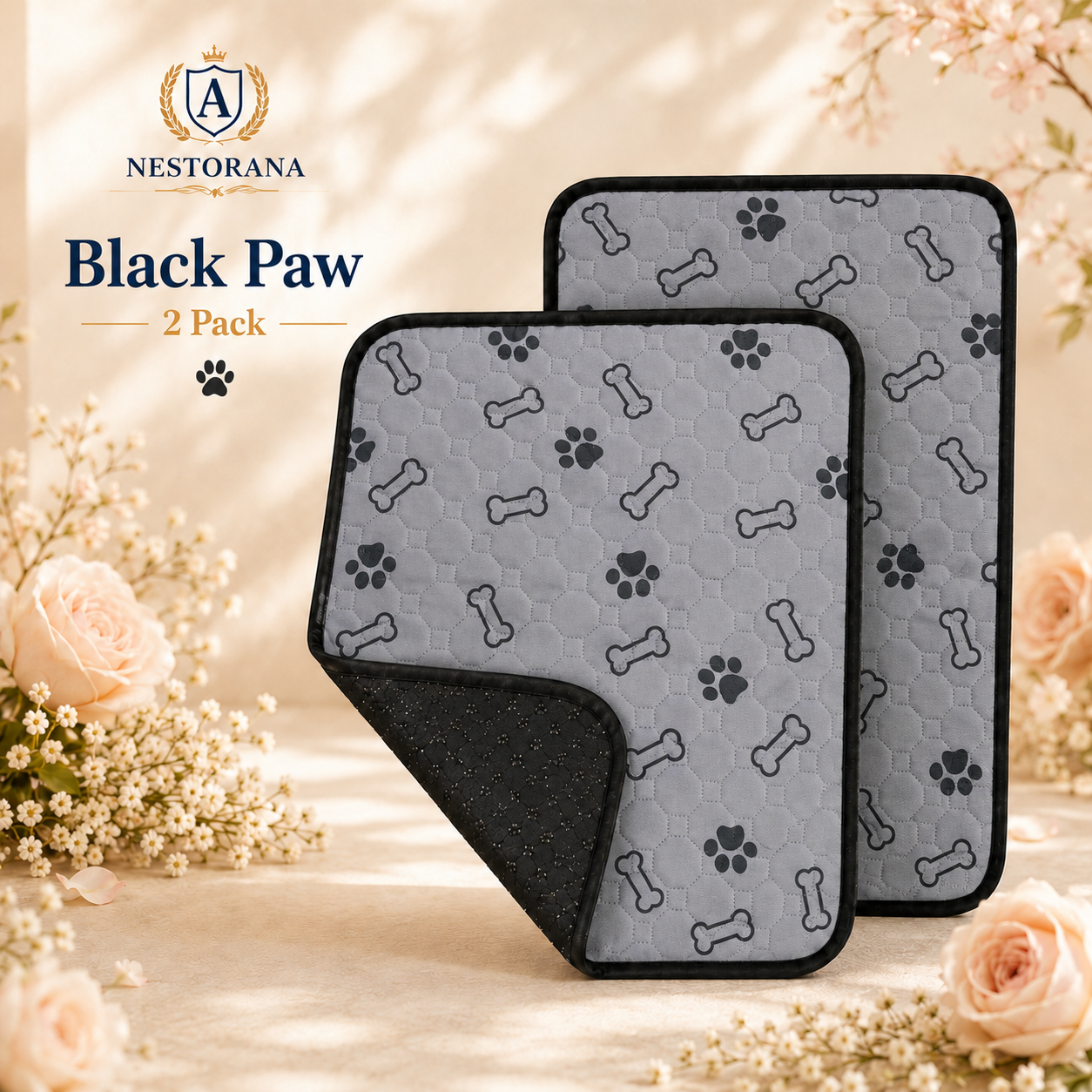 NESTORANA Washable Reusable Dog Pee Pads – 2 Pack, 24 × 36 Inches (Black Paws)